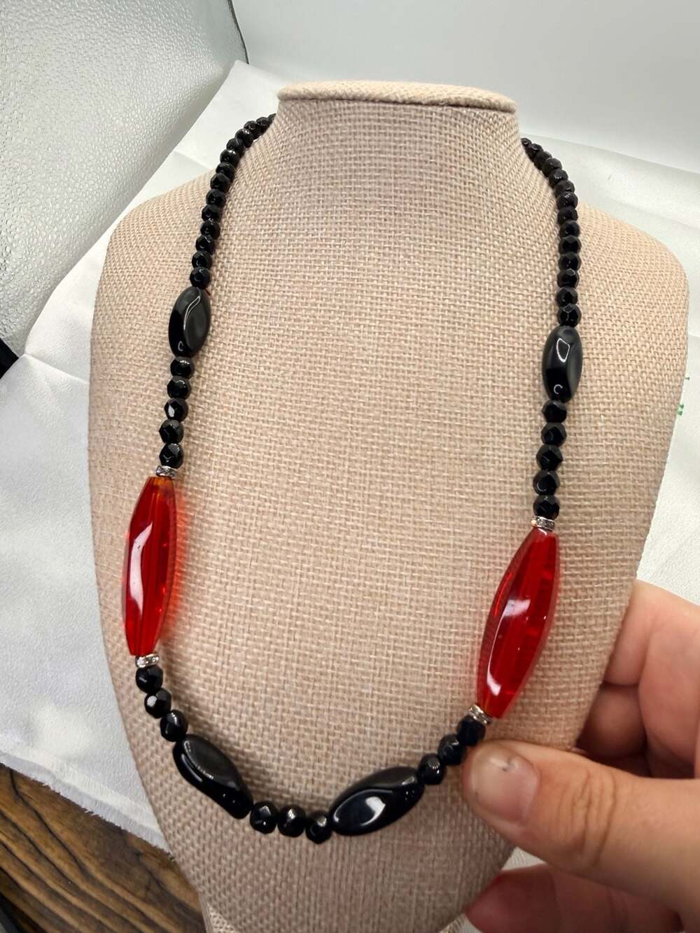 Vintage Black and Red Bead Necklace with Filigree Box Clasp
